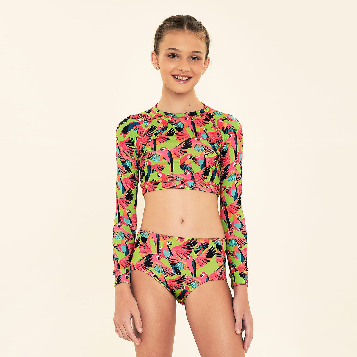 Biquíni Conjunto UV Hot Pant Infantil Com Proteção Solar Estampa Passaro