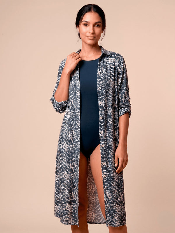 Saída de Praia UV Com Proteção Solar Chemise Midi FEM - Estampa Tie Dye Azul