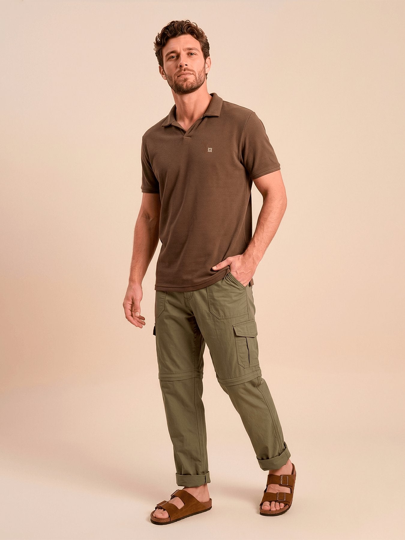Camisa Polo UV Com Proteção Solar Cubana Textura MC MASC - Marrom