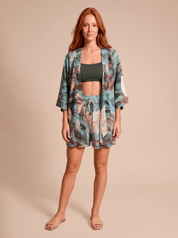 Saída de Praia Kimono UV Com Proteção Solar FEM - ESTAMPA BOTANICA