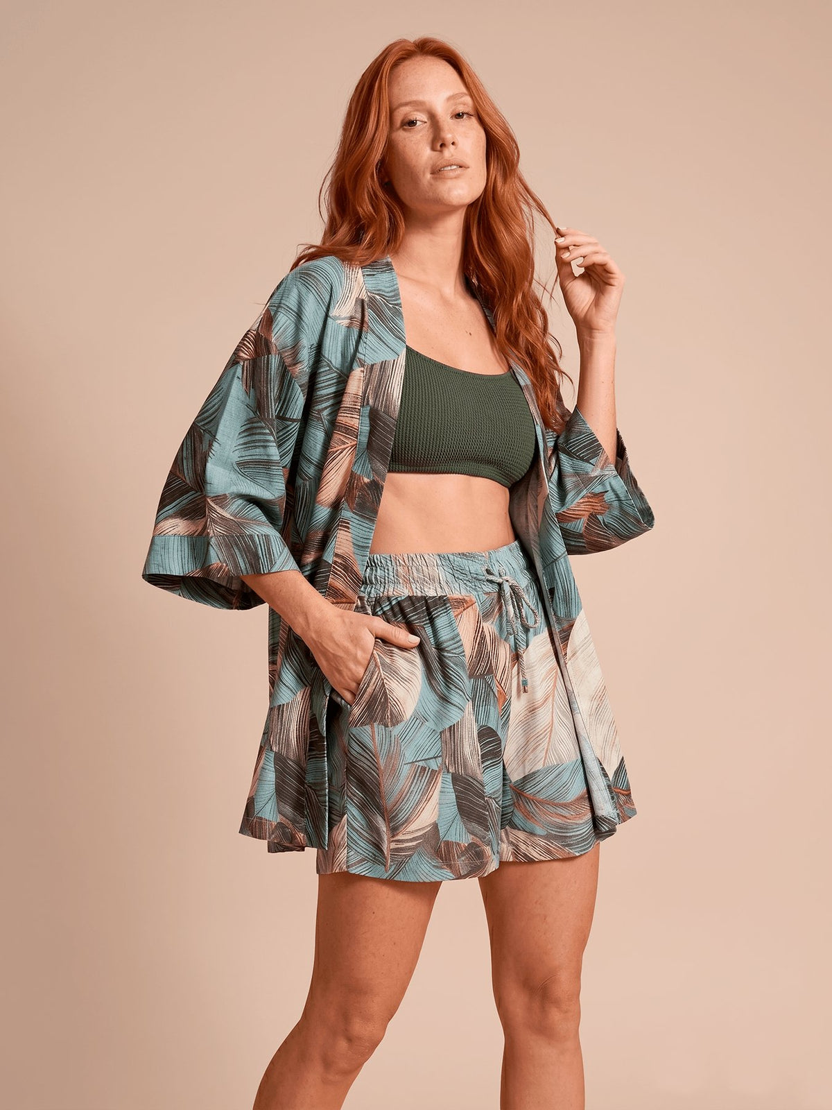 Saída de Praia Kimono UV Com Proteção Solar FEM - ESTAMPA BOTANICA