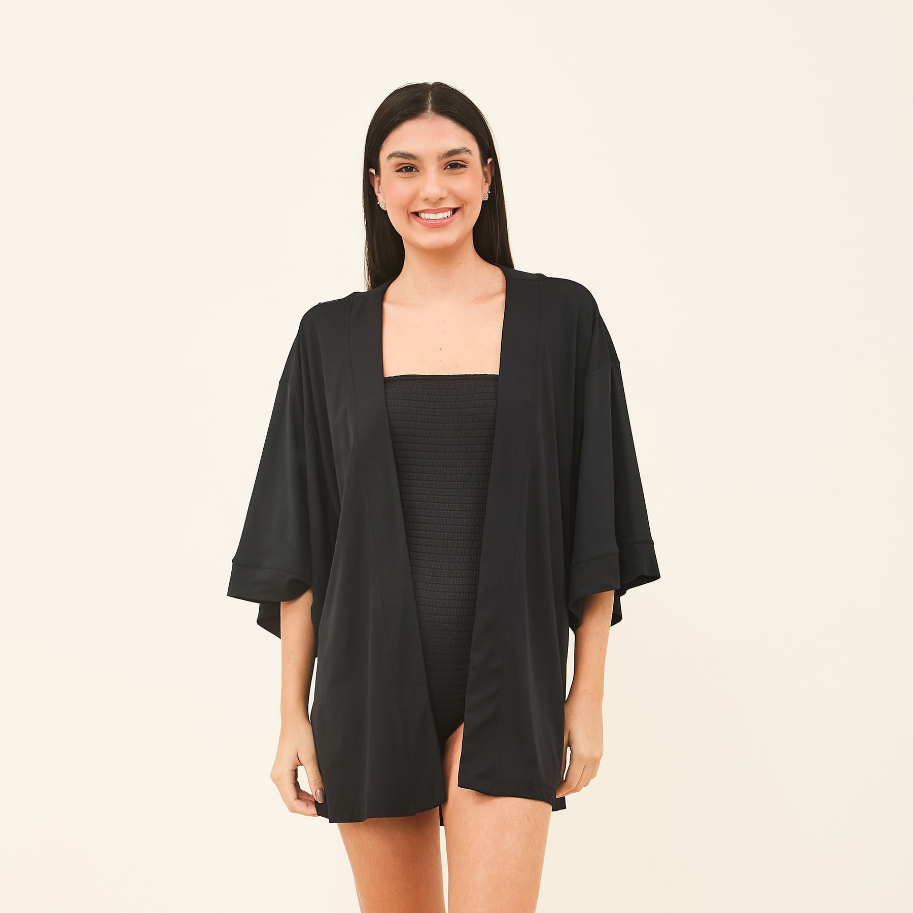 Saída de Praia UV Com Proteção Solar Kimono Color -PRETO