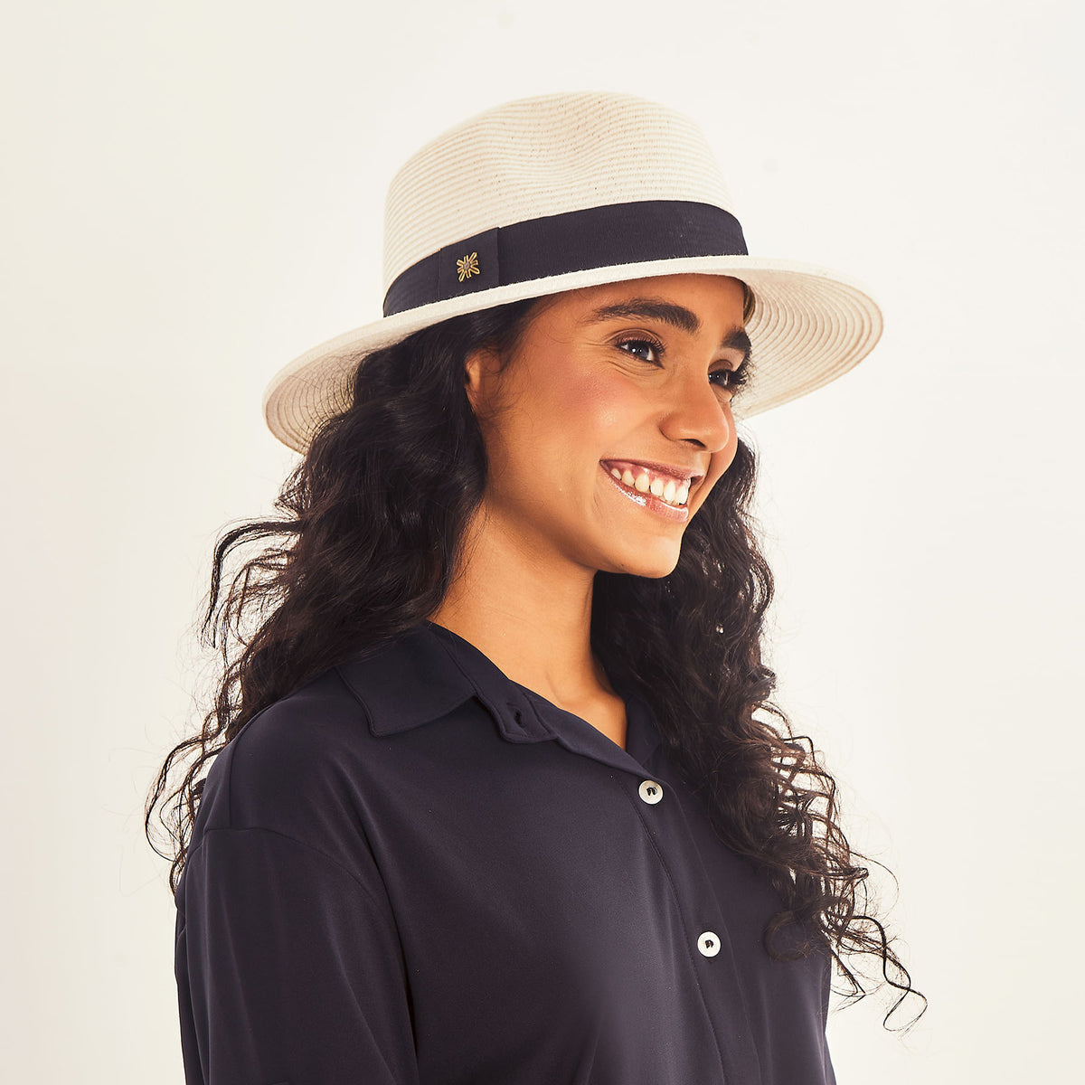 Chapéu de Palha UV Com Proteção Solar Shanghai - BRANCO/PRETO