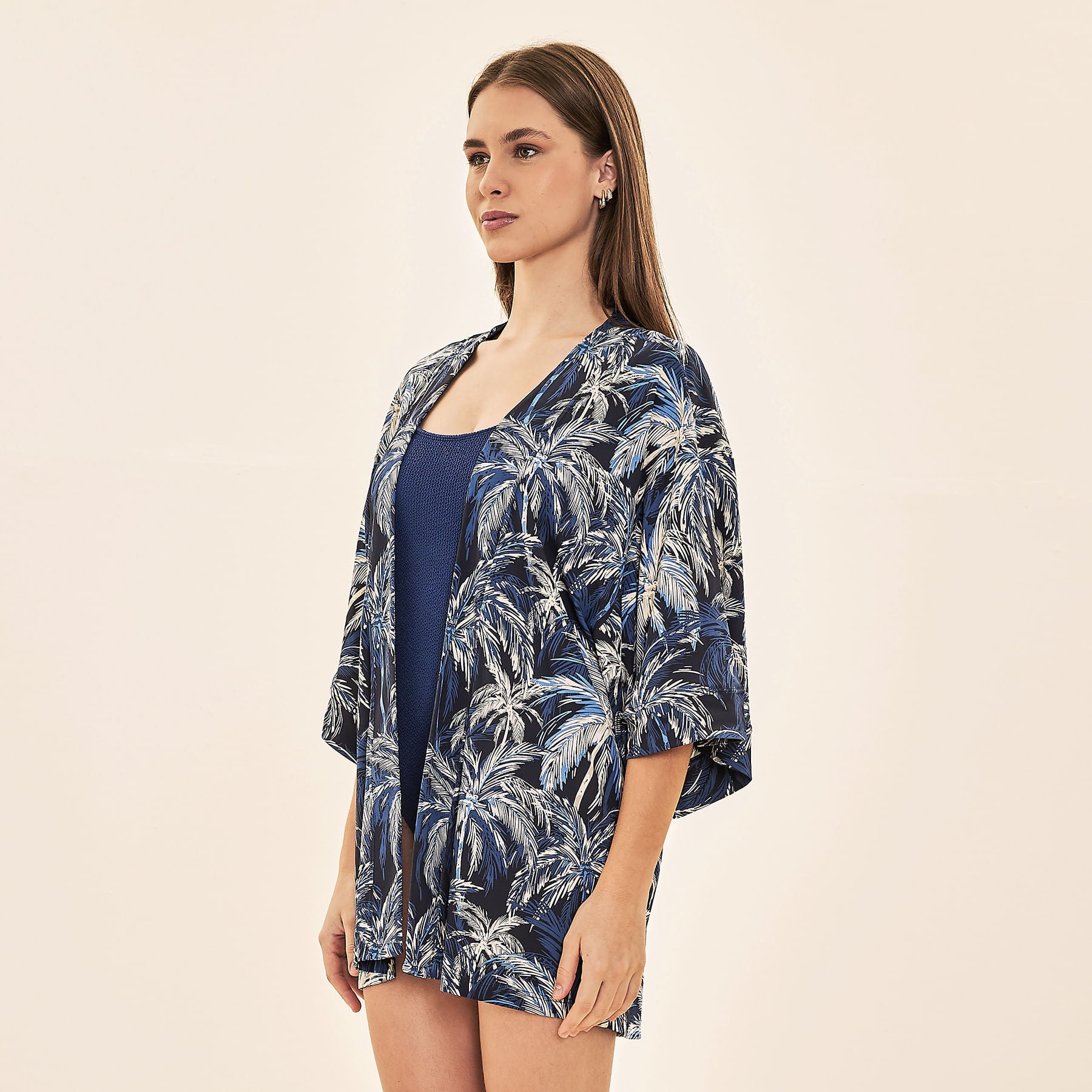 Saída de Praia UV Com Proteção Solar Kimono - ESTAMPA COQUEIROS MARINHO