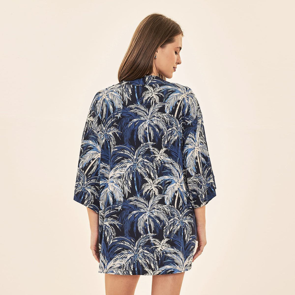 Saída de Praia UV Com Proteção Solar Kimono - ESTAMPA COQUEIROS MARINHO