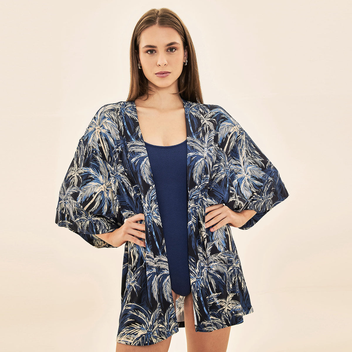 Saída de Praia UV Com Proteção Solar Kimono - ESTAMPA COQUEIROS MARINHO