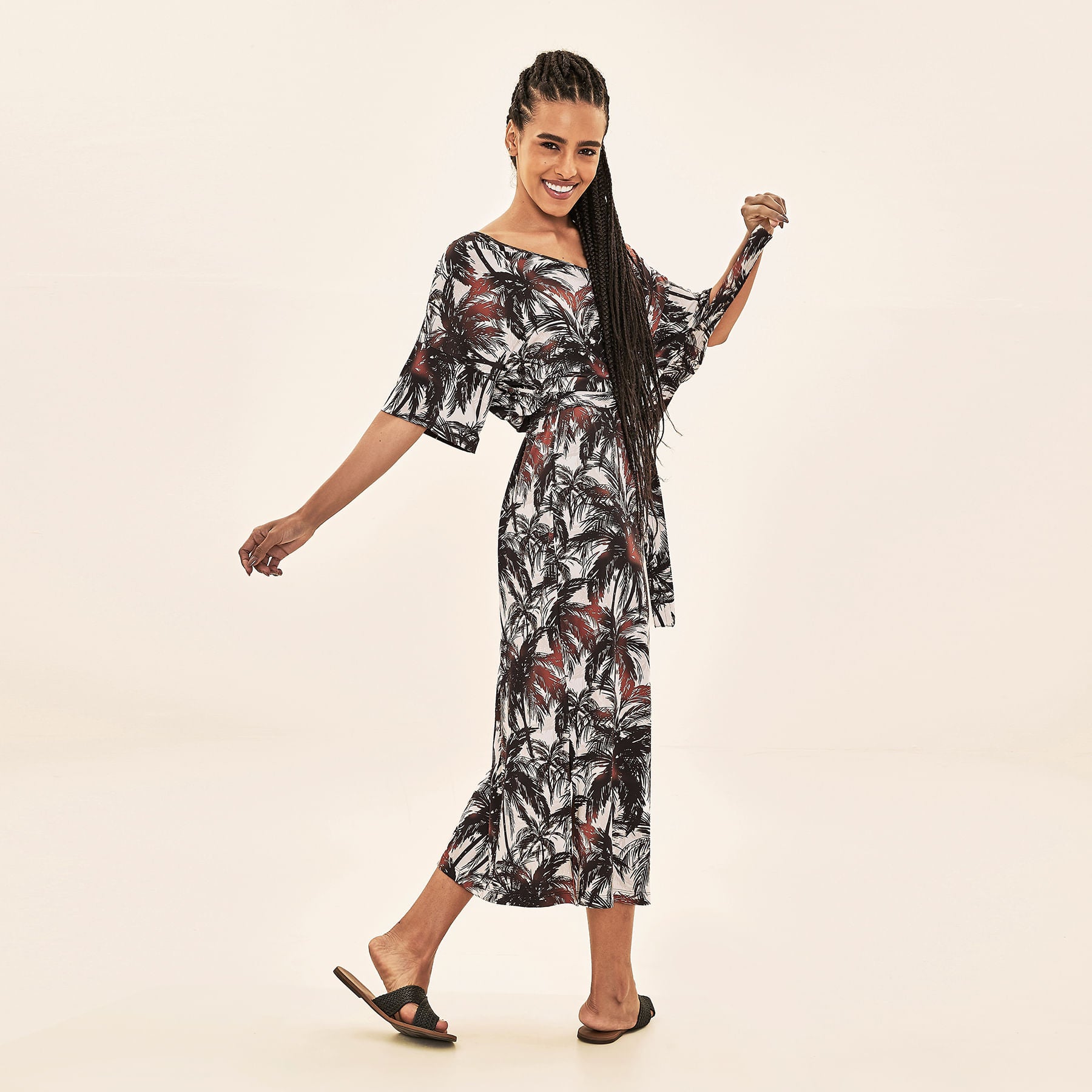 Saída de Praia Uv Com Proteção Solar Kaftan - Estampa Coqueiros Bege