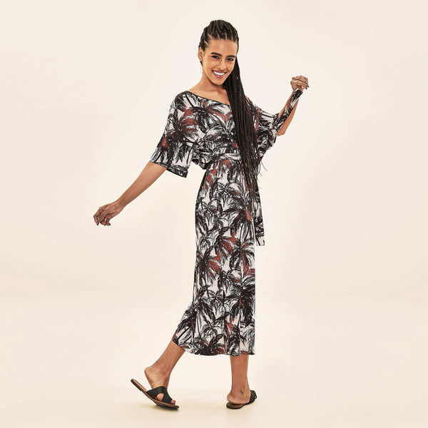 Saída de Praia Uv Com Proteção Solar Kaftan - Estampa Coqueiros Bege