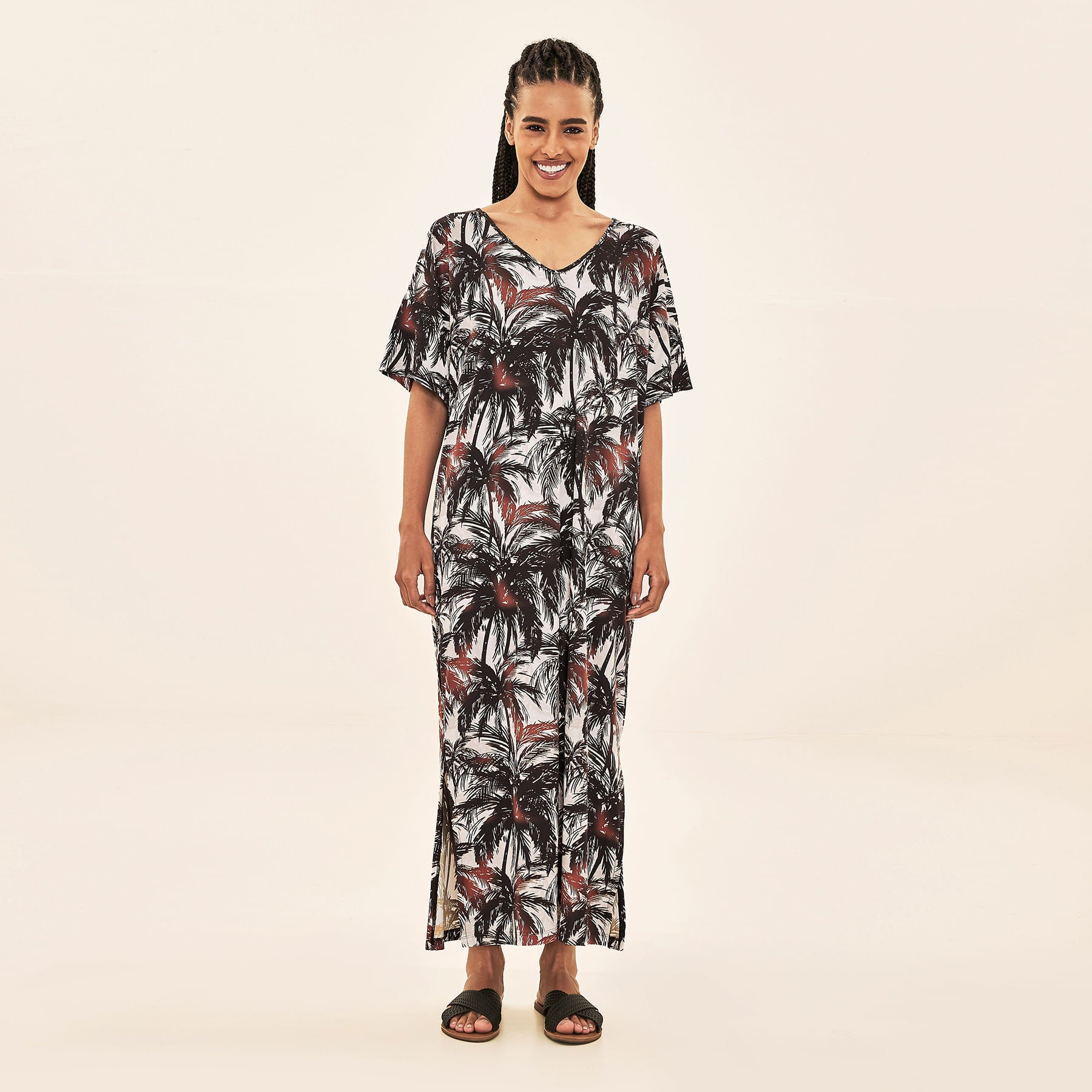 Saída de Praia Uv Com Proteção Solar Kaftan - Estampa Coqueiros Bege