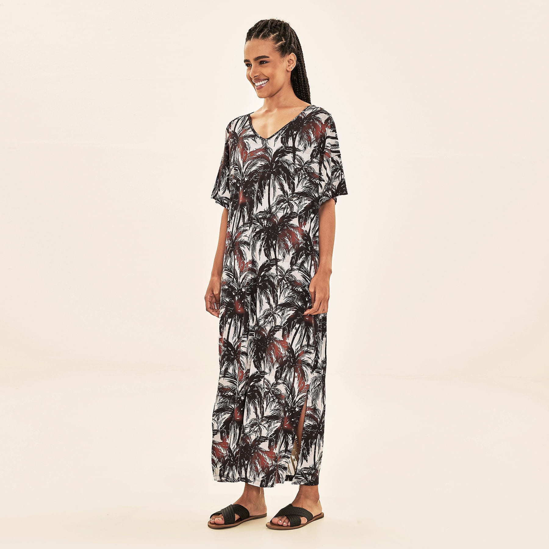 Saída de Praia Uv Com Proteção Solar Kaftan - Estampa Coqueiros Bege