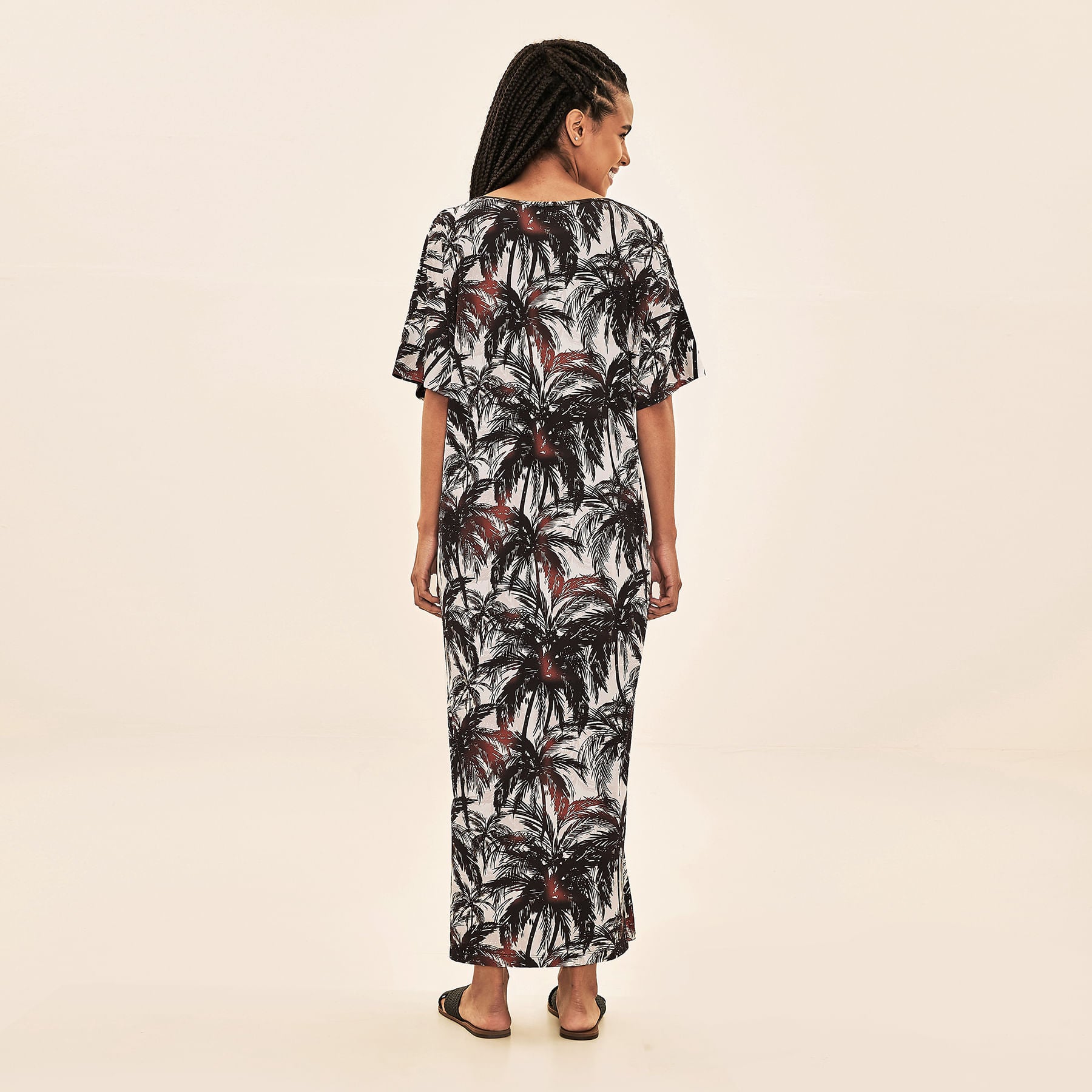 Saída de Praia Uv Com Proteção Solar Kaftan - Estampa Coqueiros Bege