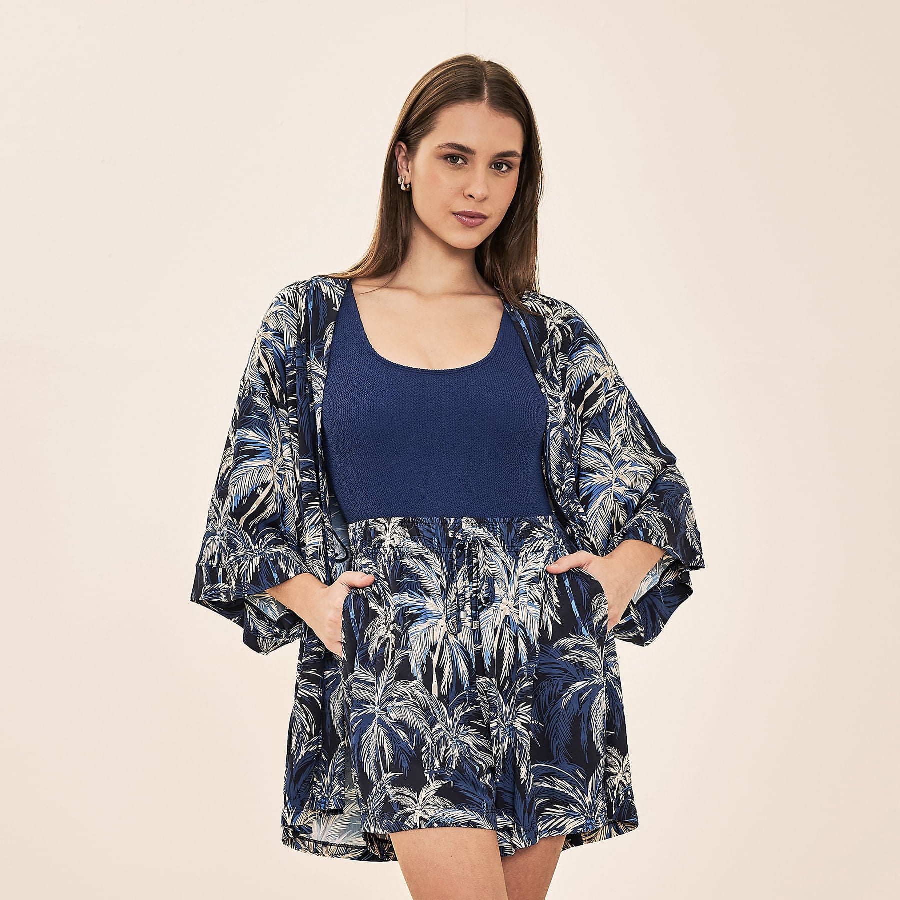 Saída de Praia UV Com Proteção Solar Kimono - ESTAMPA COQUEIROS MARINHO